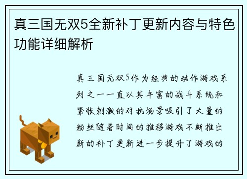 真三国无双5全新补丁更新内容与特色功能详细解析